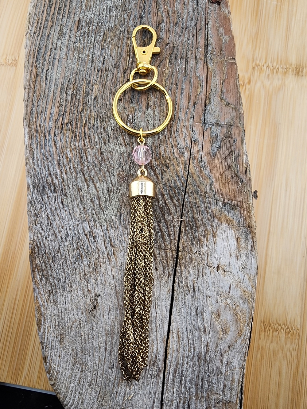 Gold Tone  Tassel Bag Charm Keychain with Pink Bead Accent